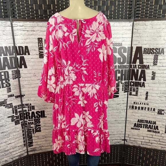 Torrid Plus 6X Pink Floral V-Neck Pockets Below Knee 3/4 Sleeve Babydoll Dress - Picture 4 of 6